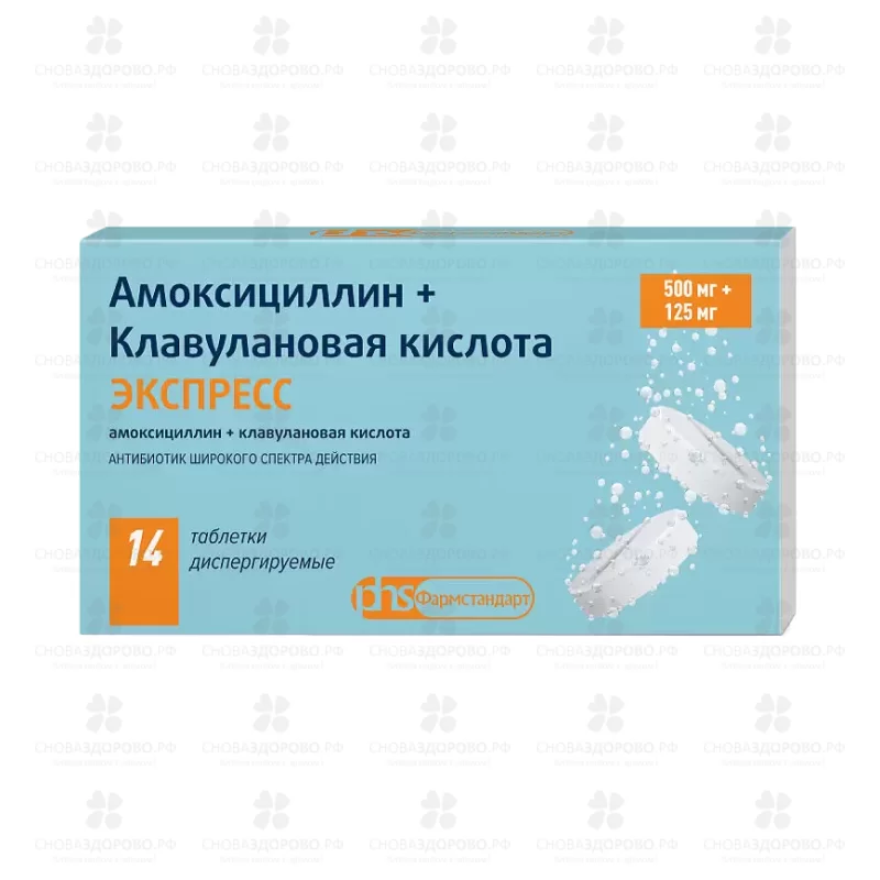 Амоксициллин+Клавулановая кислота ЭКСПРЕСС таблетки диспергируемые 500мг+125мг №14 ✅ 32841/06431 | Сноваздорово.рф